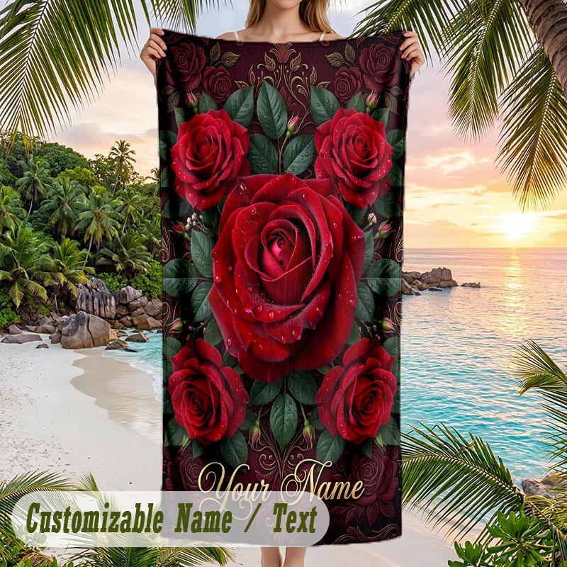 Roses Elegance 4 Theme Quick Dry Beach Towel Custom Name Text Print Large Sand Resistant Towel Beach Vacation