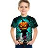 Round Neck 3D Pumpkin Printed Top Fashionable Short Sleeved Children's Boy T-shirts - Soft Medium Stretch Polyester Fabric Summer Relaxed Fit Clothing