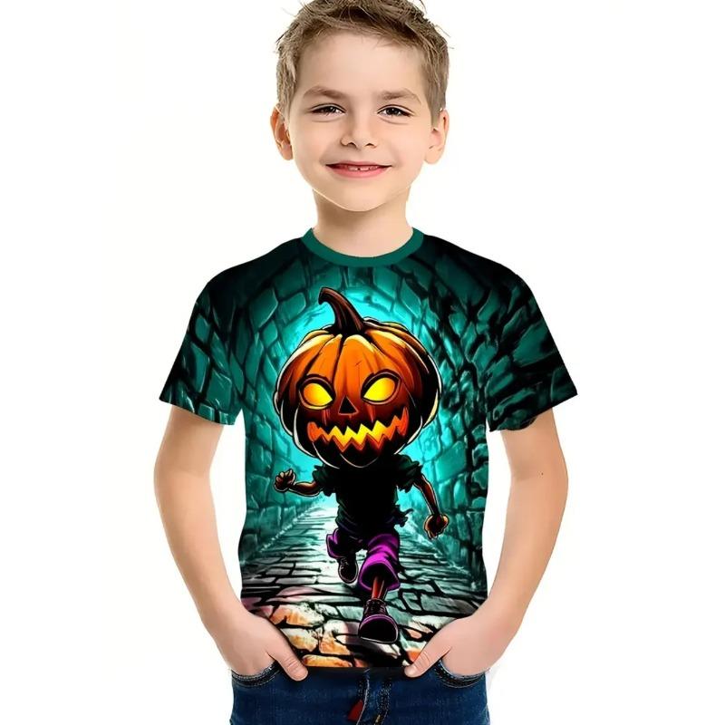 Round Neck 3D Pumpkin Printed Top Fashionable Short Sleeved Children's Boy T-shirts - Soft Medium Stretch Polyester Fabric Summer Relaxed Fit Clothing