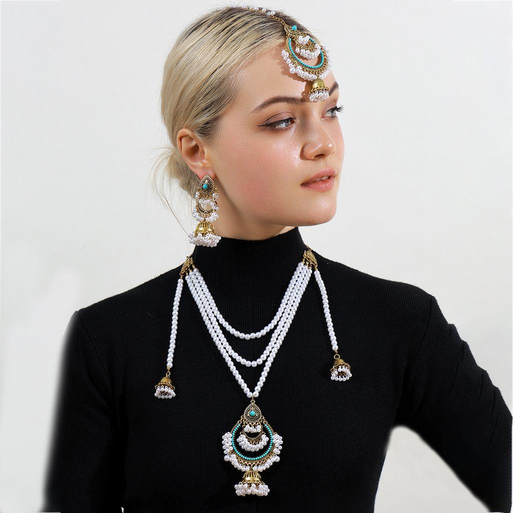 Multi-Layer Pearl Pendant Jewelry Set, Retro Heavy Industry Bohemian Fashion Earrings