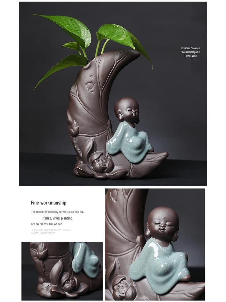 Creative Hydroponic Glass Flower Pot with Ceramic Little Monk Ornament for Living Room Decor