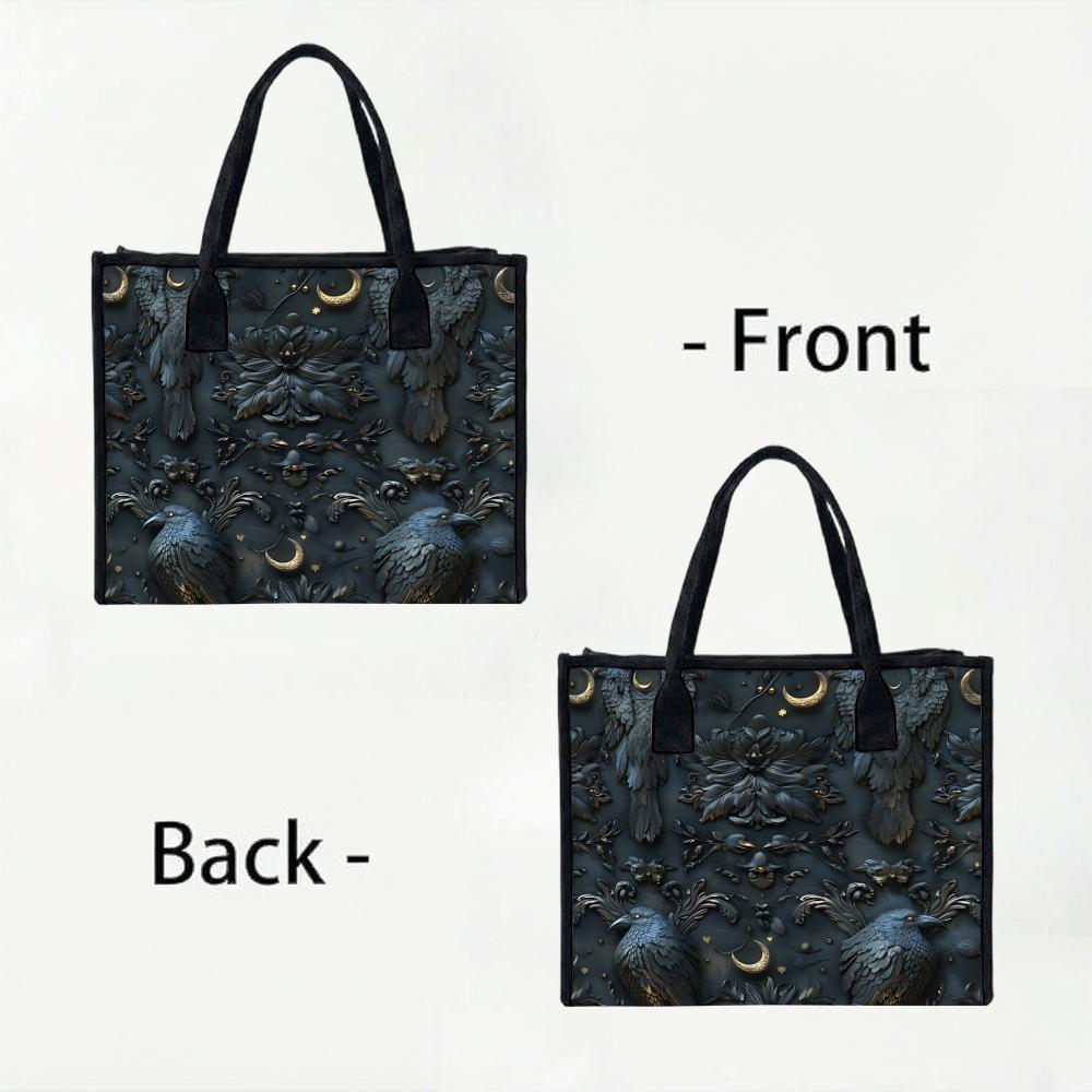Gothic Crow Moon Embossed Pattern Casual Large Tote Handbag For Daily Use