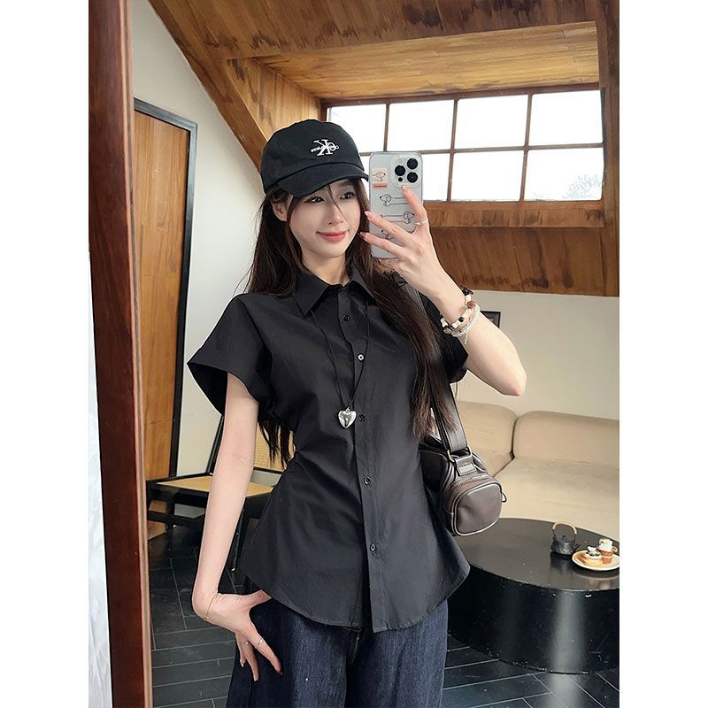 Korean White Polo Collar Short-sleeved Shirt Women's Summer Pleated Slim-fit Shirt Design Temperament Slim Top