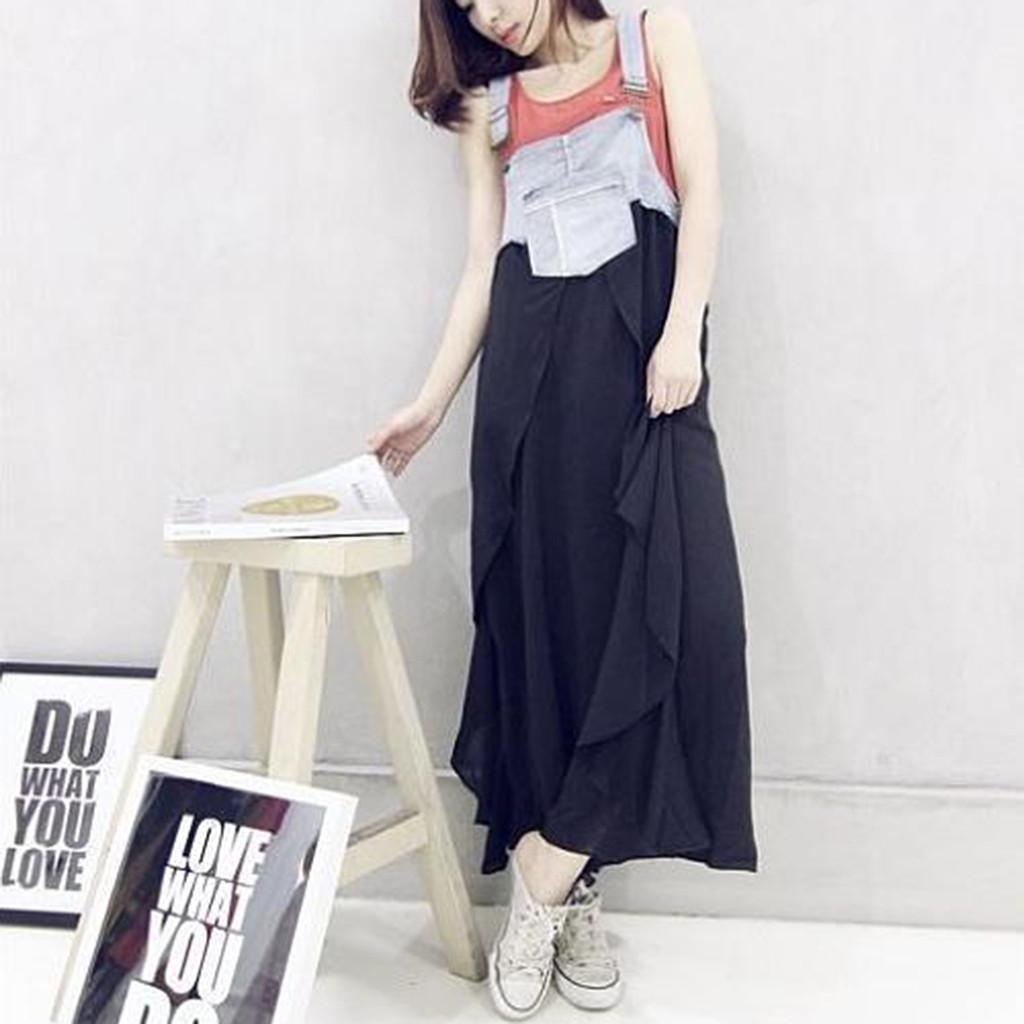 Women's Summer Casual Jeans Splicing Chiffon Strap Ruffles Dress
