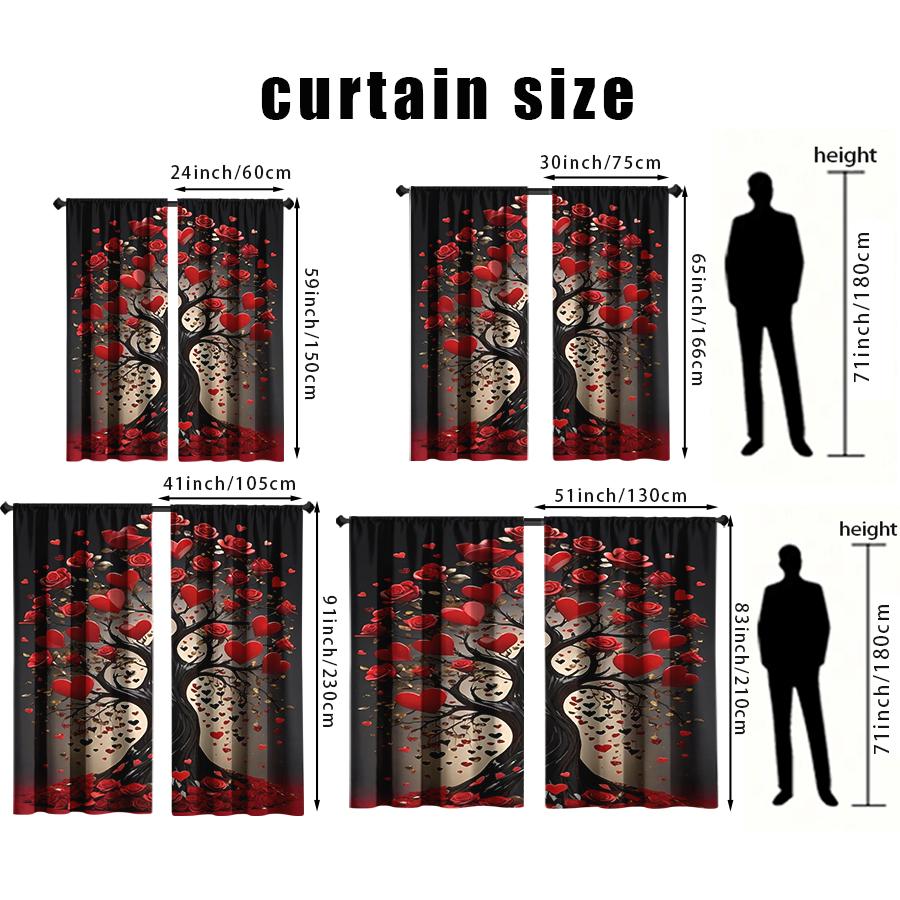 2 PCS Romantic Rose Heart Tree Printed Curtains Flat Print Valentine's Day Window Decor Living Room Bedroom Decor