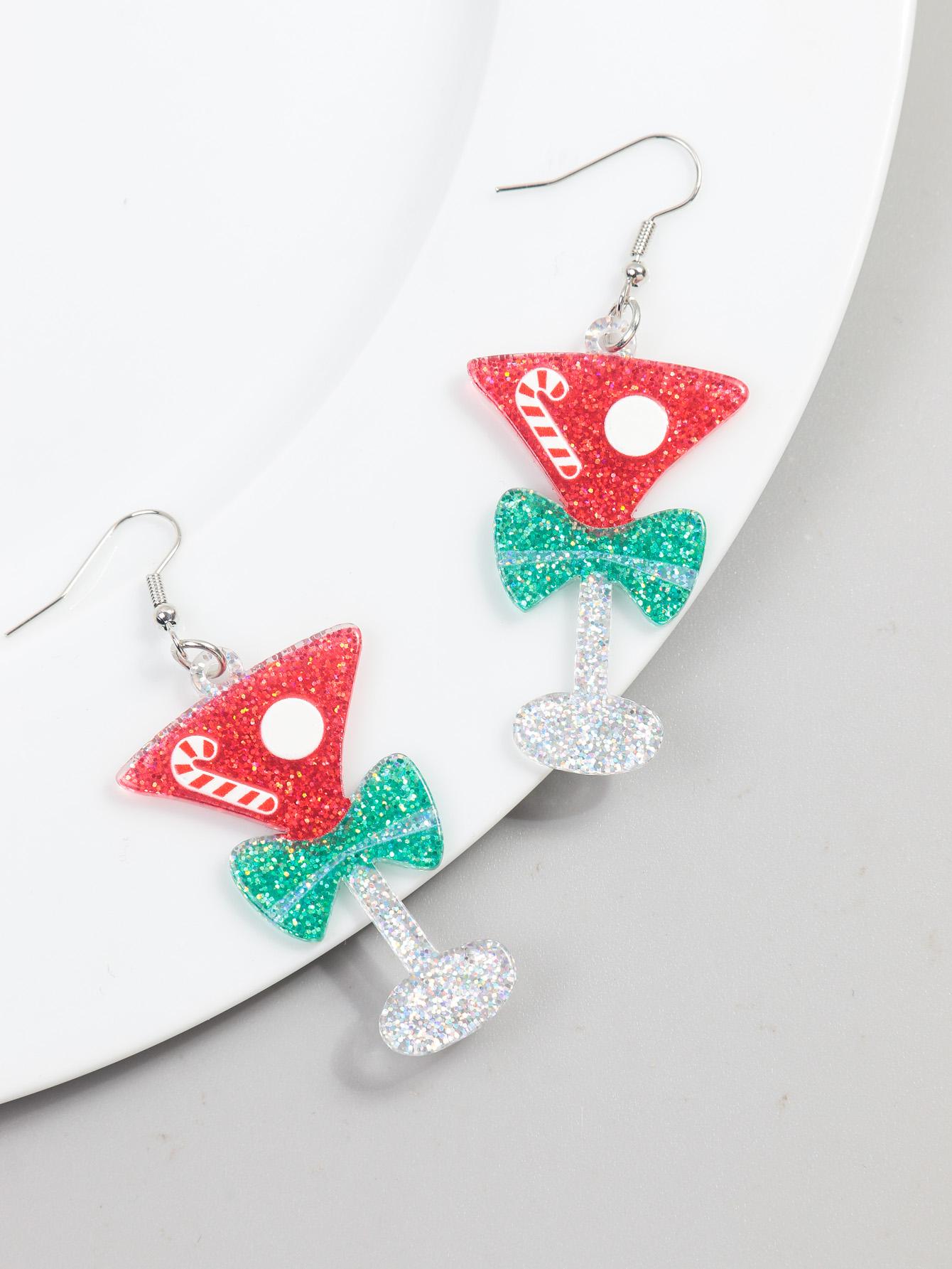 Glitter Acrylic Christmas Goblet Drop Earrings for Women Cartoon Xmas Bow Wine Glass Long Earring Creative Jewelry Gifts