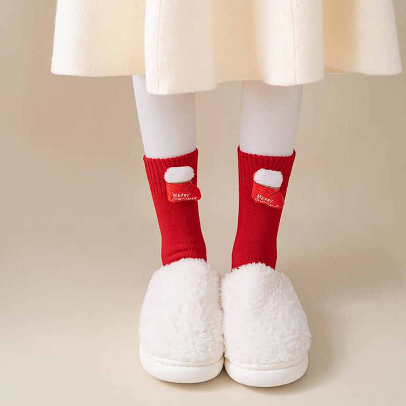 Female Autumn and Winter Hair Circle Christmas Three Dimensional Cartoon Cute Accessories This Year Red Tube Cotton Socks