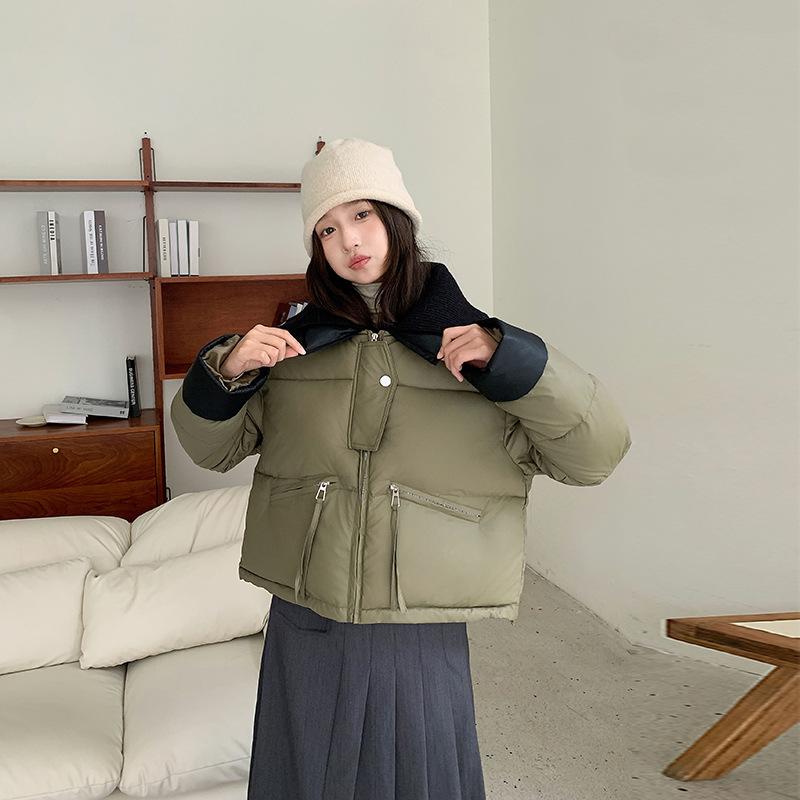 Knitted lapel short down cotton-padded jacket for women's winter thickened PU leather splicing cotton-padded jacket