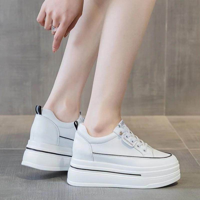 Womens Casual Sneakers Inserted Height Platform Shoes Lace-up Ladies Vulcanized Shoes Leather Breathable Women Shoes Comfortable