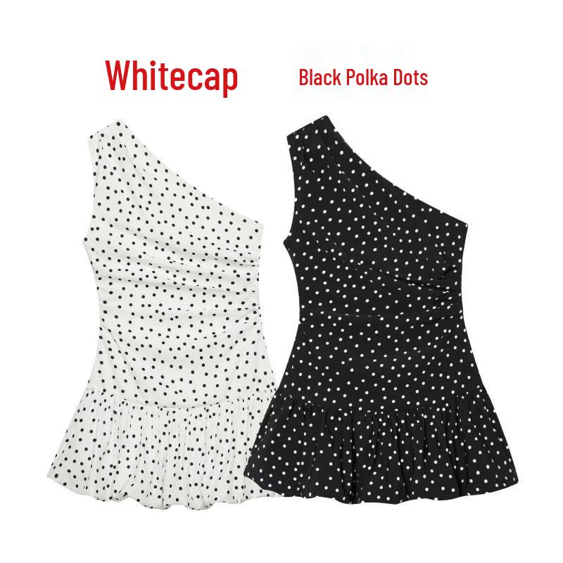 French Sweet Petite Polka Dot One-Shoulder Pleated Dress for Spring 2026