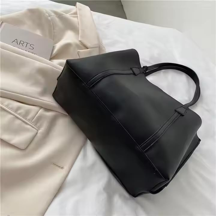 MIDOS Simple Leather-Look Tote Bag, Korean Style, with Interior Pocket, Black, for Commuting, Natural PU Leather, Women's Utility, Stylish,
