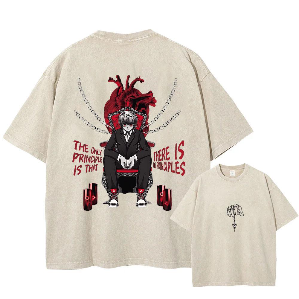 Hip Hop Retro Washed T-Shirt Streetwear Anime Hunter X Hunter Print Graphic T Shirt 100% Cotton Unisex Tshirt Men Tops