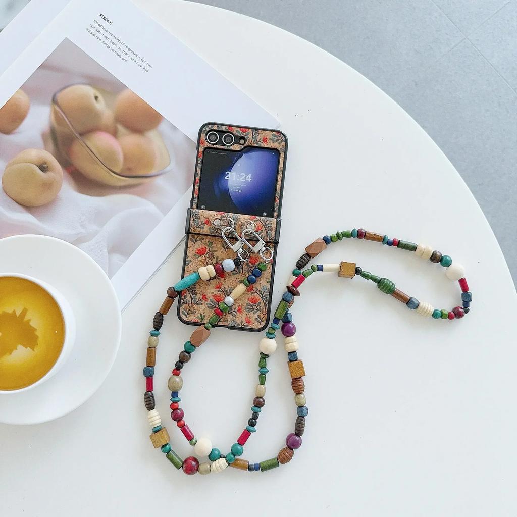 Retro Floral Prints Crossbody Lanyard PU Leather Cover with Glitter Bead for Samsung Galaxy Z Flip 6 5 4 3 Phone Case