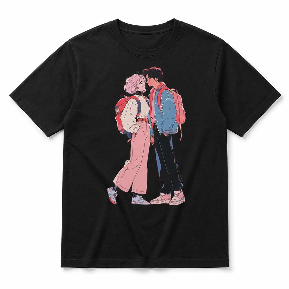Anime Couple Kiss Graphic T Shirt Black or White Unisex Romantic Manga Tee 2