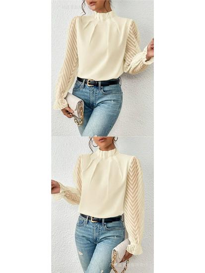 Women's Autumn/Winter Half-High Collar Chiffon Top with Patchwork Wave Pattern