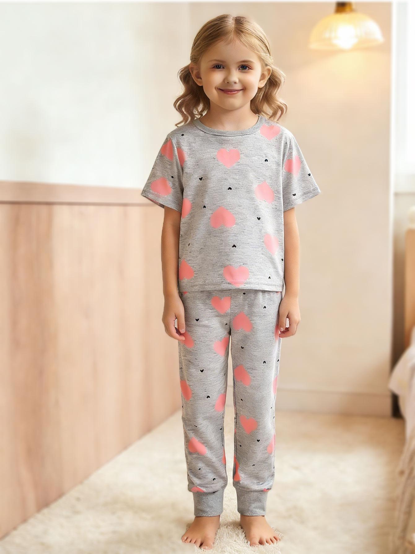 Girls Pajamas Set Soft 2 Piece Short Sleeve Kids Pjs Stretchy Sleepwear Size 2-8 Years 2Y серый