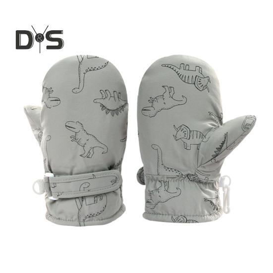 1 Pair Children Winter Mittens Thick Plush-lined Windproof Cartoon Dinosaur Cold Weather Outdoor Gloves Adjustable Fasten Strap Anti-Slip Ski Gloves