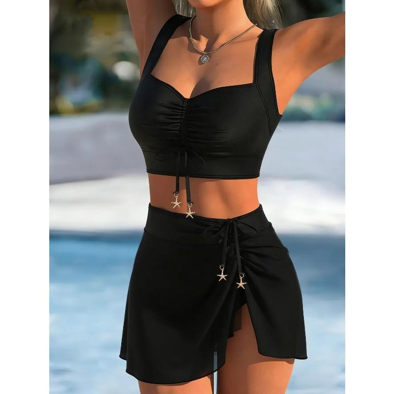 Vintage Black Two Piece Bikini Set 2026 Women Pleate Drawstring Push Up High Waist Skirt Swimwear Beach Bathing Suit Swimsuit