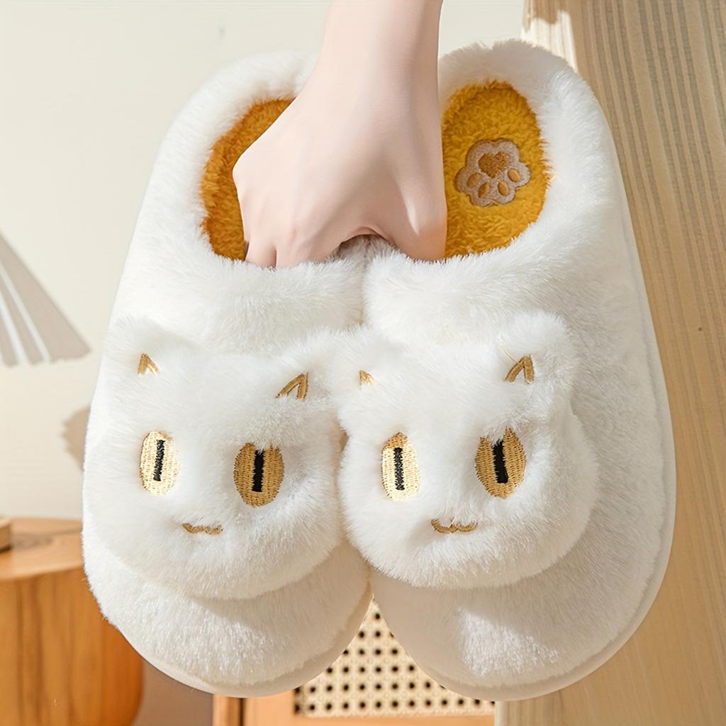 Cute Cartoon Cat Winter Slippers, Closed Toe Super Soft Plush Warm Shoes, Cozy Indoor Novelty Slippers