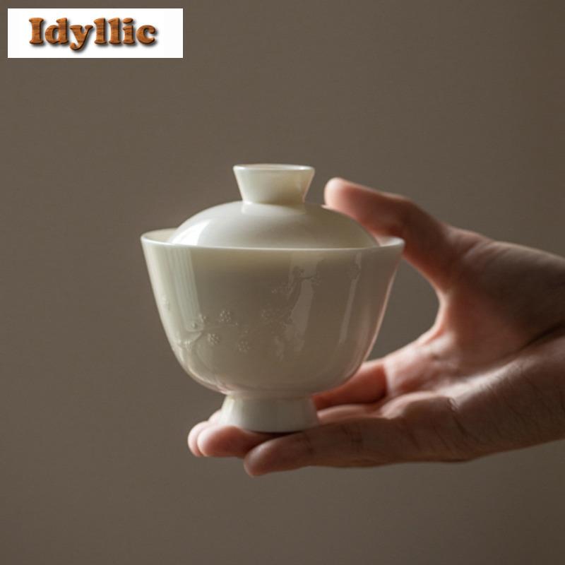 130ml Ivory White Pine Bamboo And Plum Gaiwan Aesthetic Tea Tureen Household Tea Bowl With Lid Kit Tea Maker Cover Bowl Teaware