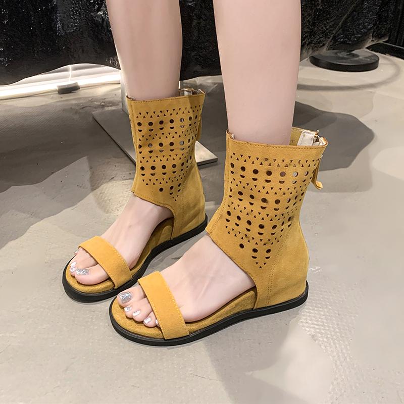 Fashion Flat Sandals Summer New Round Toe Suede Open Toe Rear Zipper Non-Slip Wear-Resistant Inside Heightener Cooling Boots