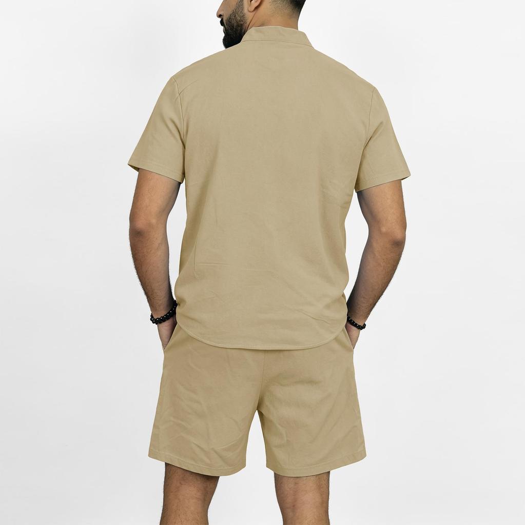 Men's Linen Two Piece Set Henley Collar Short Sleeve Shirt Elastic Waist Shorts Solid Color Casual Beach Outfit Summer Wear