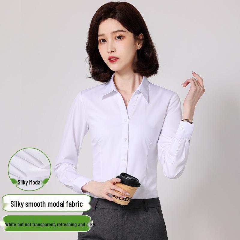 Women s Modal Long Sleeve Slim Fit White Shirt - Wrinkle-Resistant, Comfortable, Non-Iron, Business Casual Perfect for Interviews L
