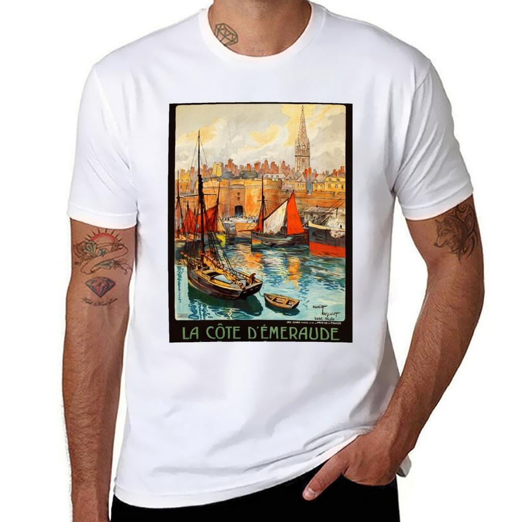 FRANCE Le Port de Saint Malo 1930s Vintage travel Poster T-Shirt graphic shirts plus size tops fitted t shirts for men