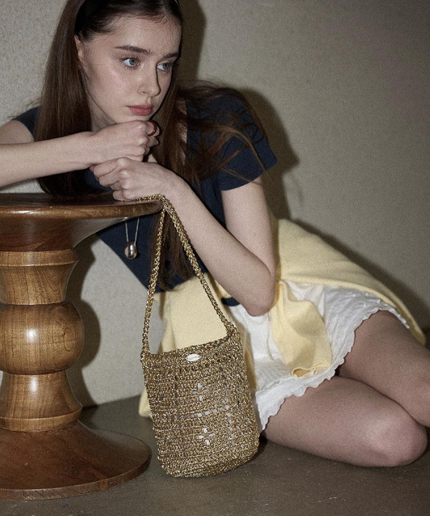 Slowslowly Lily Handmade Metallic Crochet Bucket Bag _ Gold