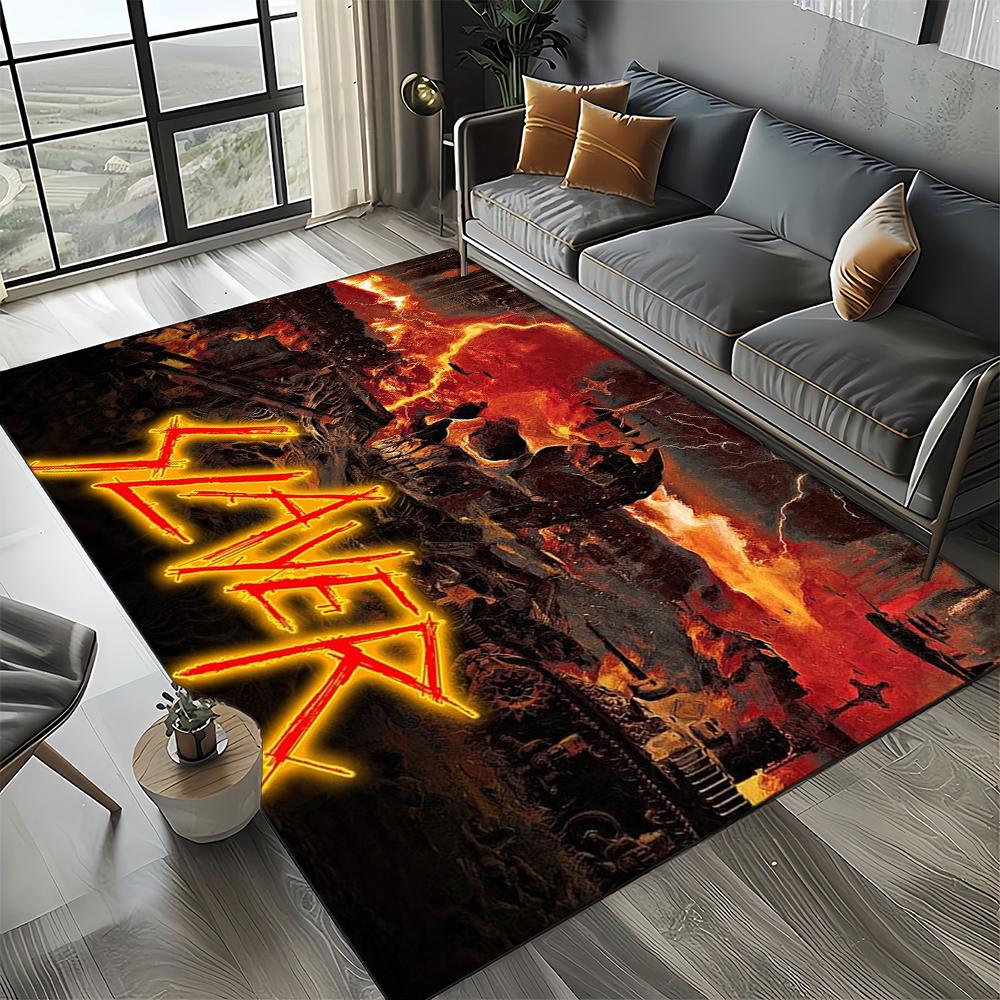 Tapete de Chão 3D Retro Band Slayer Heavy Metal Rock Sinal para Sala de Estar Quarto Casa Decoração de Sofá, Tapete Antiderrapante para Brincar de Criança