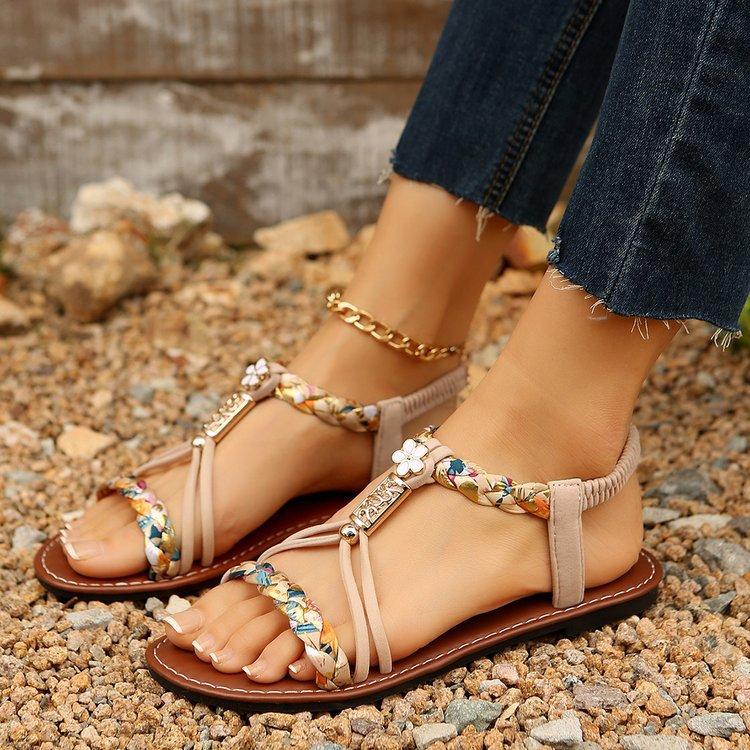 

Large size bohemian beach round head flat bottom one-word sandals summer new women s shoes 43 бежевый