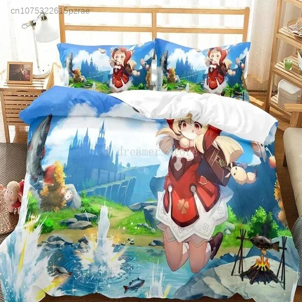 Genshin Impact Bettwäsche-Set Bettbezug Laken Bedrucktes Bettset Kissenbezug Bett Voll Queen King Size Bettdecke Schlafzimmer