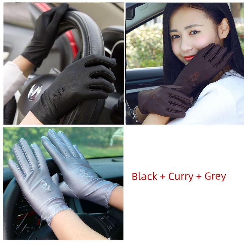 

Boutique Women s Spandex Etiquette Hot Sale Sun Protection Gloves Embroidered [black + Brown + Gray] 3 pairs