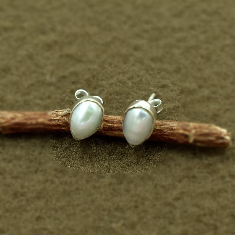 White Pearl Pear Gemstone Stud, Solid 925 Sterling Silver stud, Gift For her, Gemstone Stud, Anniversary Gift, Silver Jewelry