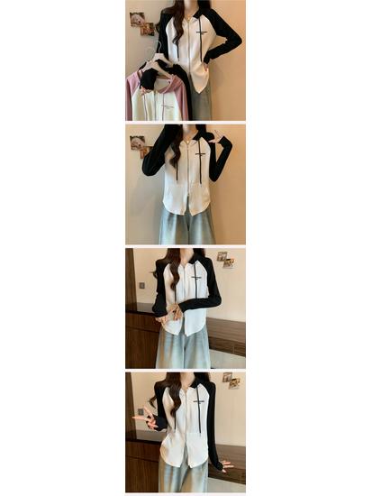 Women's Slim-Fit Raglan Double Zipper Hoodie, Spliced Design with Baby Fleece, Fleece-Lined for Autumn and Winter, Salt-Style Top.