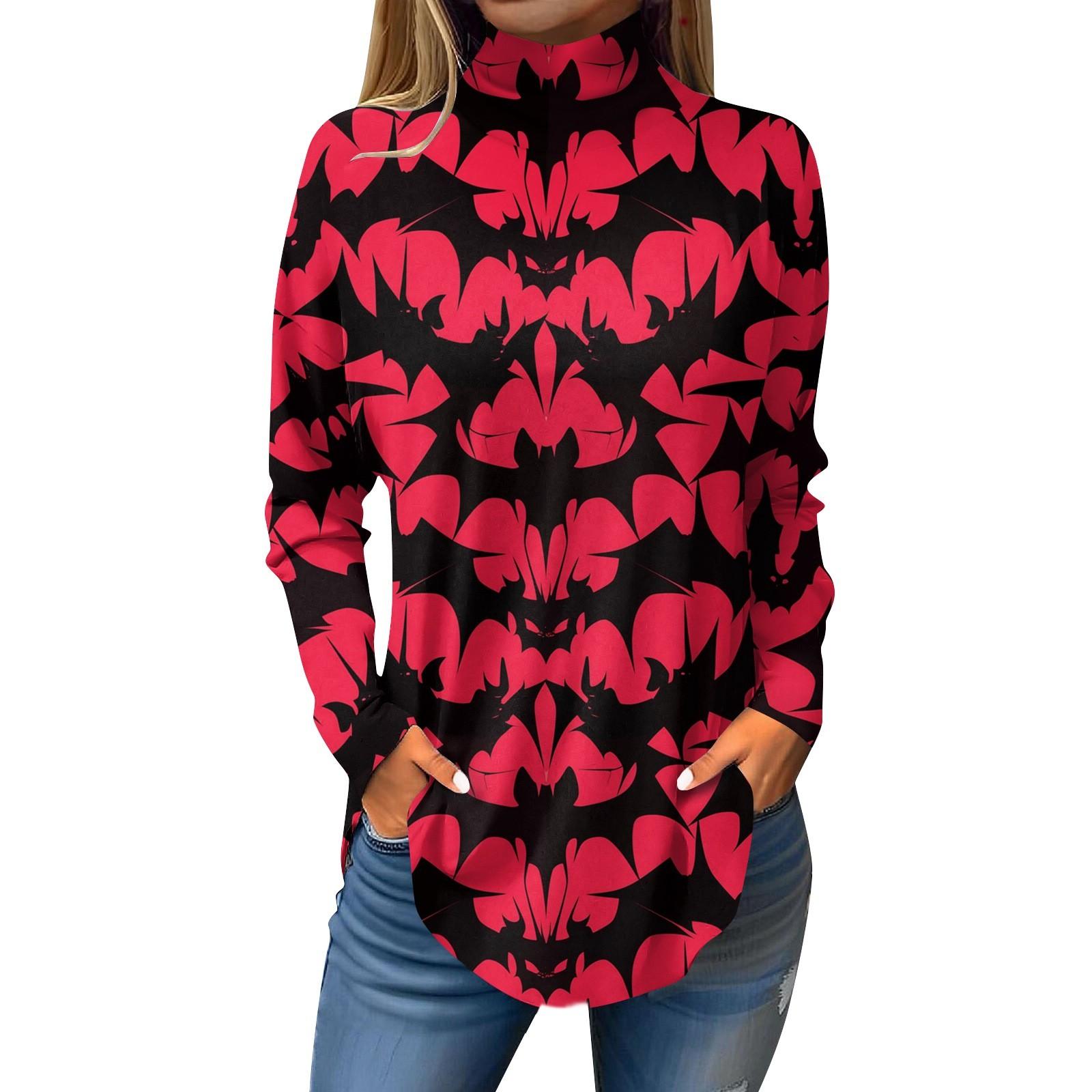 

Женская свободная футболка с высоким воротом и длинными рукавами, топ-пуловер на Хэллоуин XXL красный