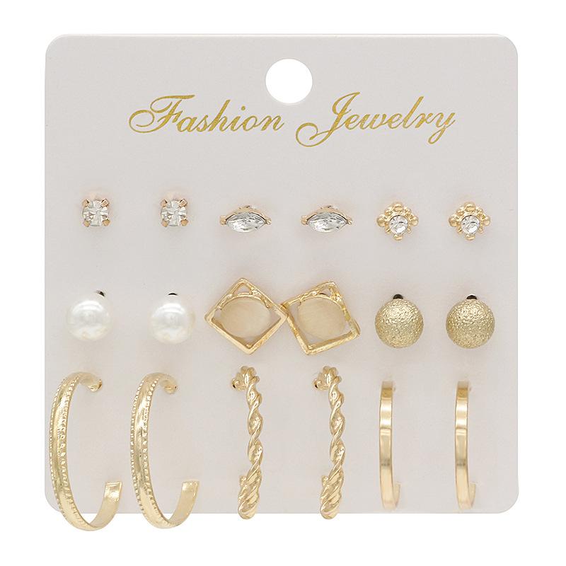 Diamond Opal Wrench Flower Pearl Stud Earrings, Trendy Punk Multi-Pair Set Earrings.