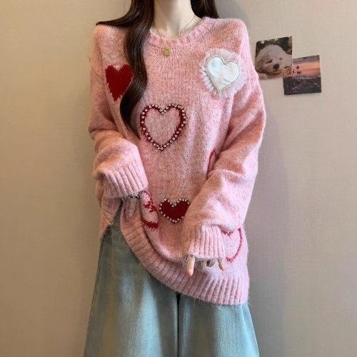 Korean autumn and winter new hot diamond love pullover sweet sweater lazy loose versatile casual fashion top