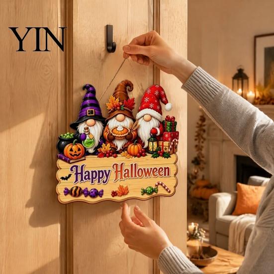 Decorative Wood Board Halloween Wooden Hanging Sign, Happy Door Sign with Gnomes/Ghosts, Retro Ornament for Shop Autumn Harvest Festival Wall