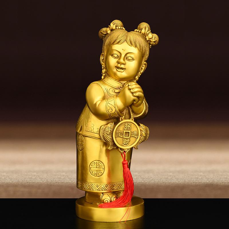 Pure Copper Golden Figurines Brass Wealth Home Desktop Decoration Pair Boy and Girl Wedding Gifts