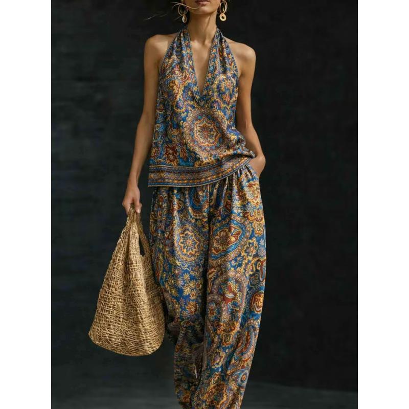 1116 Summer Cool Neck Suit Women's Temperament V-Neck Off-Shoulder Top + High Waist Wide Leg Pants Two-piece Set