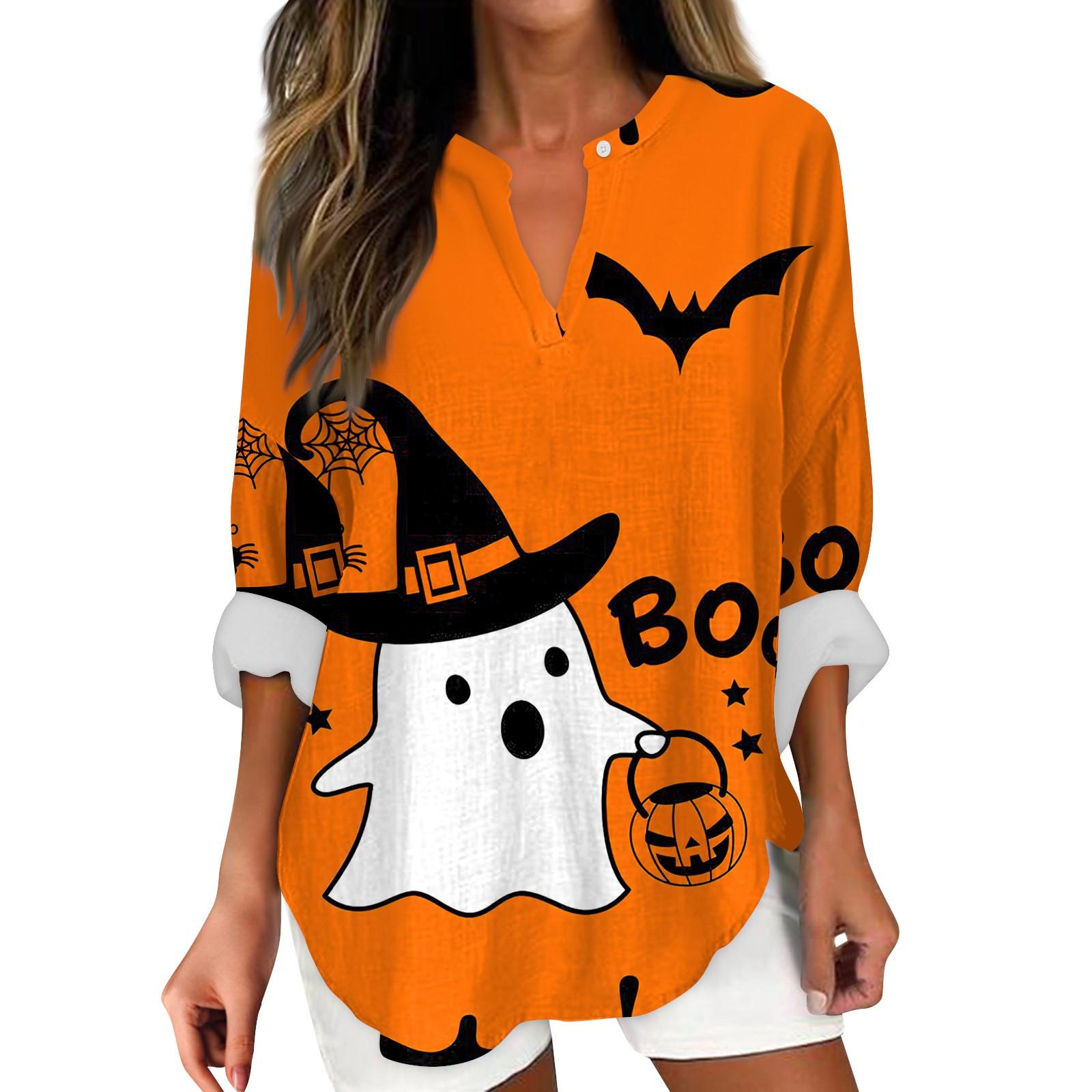 

Жіночі модні повсякденні жіночі топи з принтом на Хеллоуїн і довгими рукавами з V-подібним вирізом XL