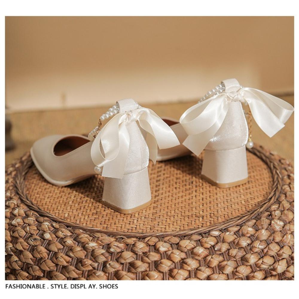 2025 New French-Style Women's Wedding Shoes - Bowknot Fairy Bridesmaid Shoes, Two-Way Wear Block Heel, Comfortable Non-Tiring Feet, StyleXCY34-888-200