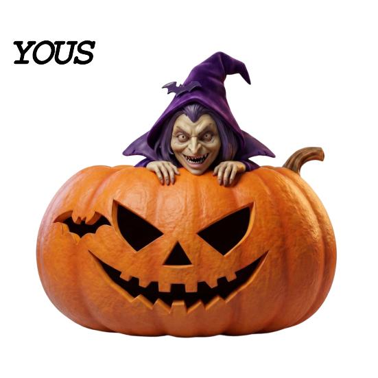 Halloween Desktop Decor Resin Pumpkin Witch Figurine, Spooky Bat Detailed Tabletop Decor, Stable Hand Carved Base Mini Statue for Window Showcase Home