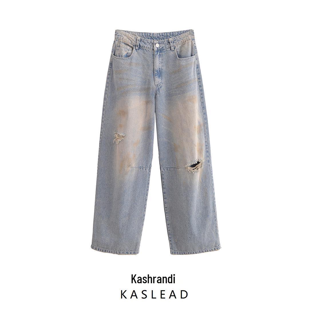 

Spring 2025 Women s European & American Fashion: Simple Ripped Wasteland Style Jeans L