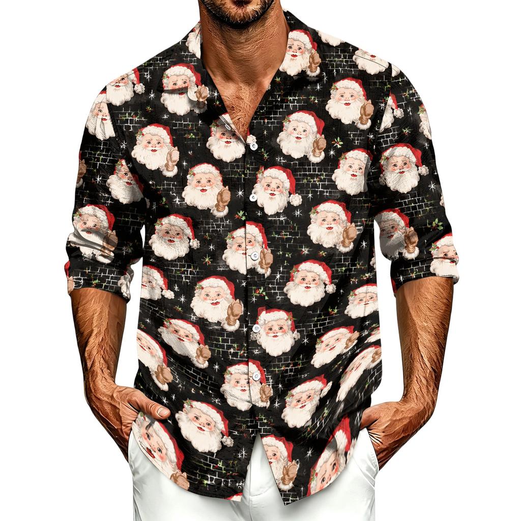 Men's Casual Long Sleeve Shirt with Christmas Print for Spring and Fall