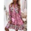 Women's Fashion Spring Fall Flower Pattern Print Long Sleeve Stand-collar Loose Waistline Casual Dresses