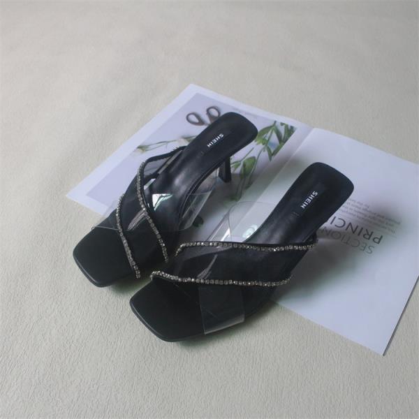 Fashion Big Size Shoes Ladies' Slippers Rubber Flip Flops Square Toe Thin Heels Heeled Mules Slipers Women Glitter Slides Hawaiian High