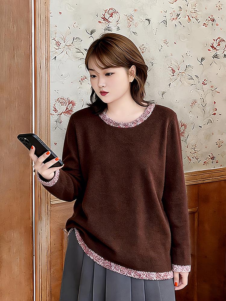 Plus Size Women's Sweet Long Sleeve Knitwear - Autumn/Winter Plush Inner Top (130-320 Jin)