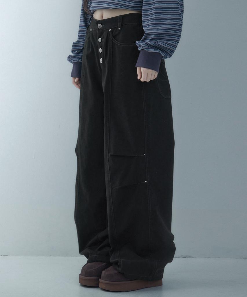 LOOXP Four-Button Logo Rivet Wide Balloon Long Pants Black